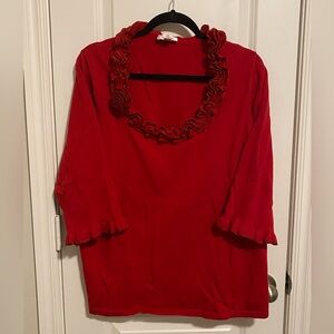 Quacker Factory Lettuce Edge Ruffle Sweater 3/4 Sleeve Red Holiday Women’s 1X